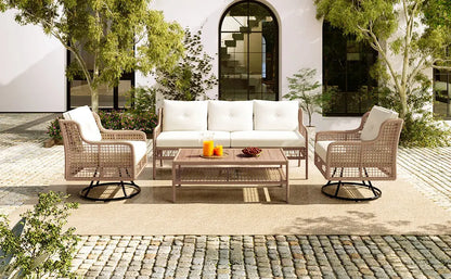 4 Pieces Patio Furniture Set with Swivel Chairs, Outdoor Wicker Sofas Sangria Beech