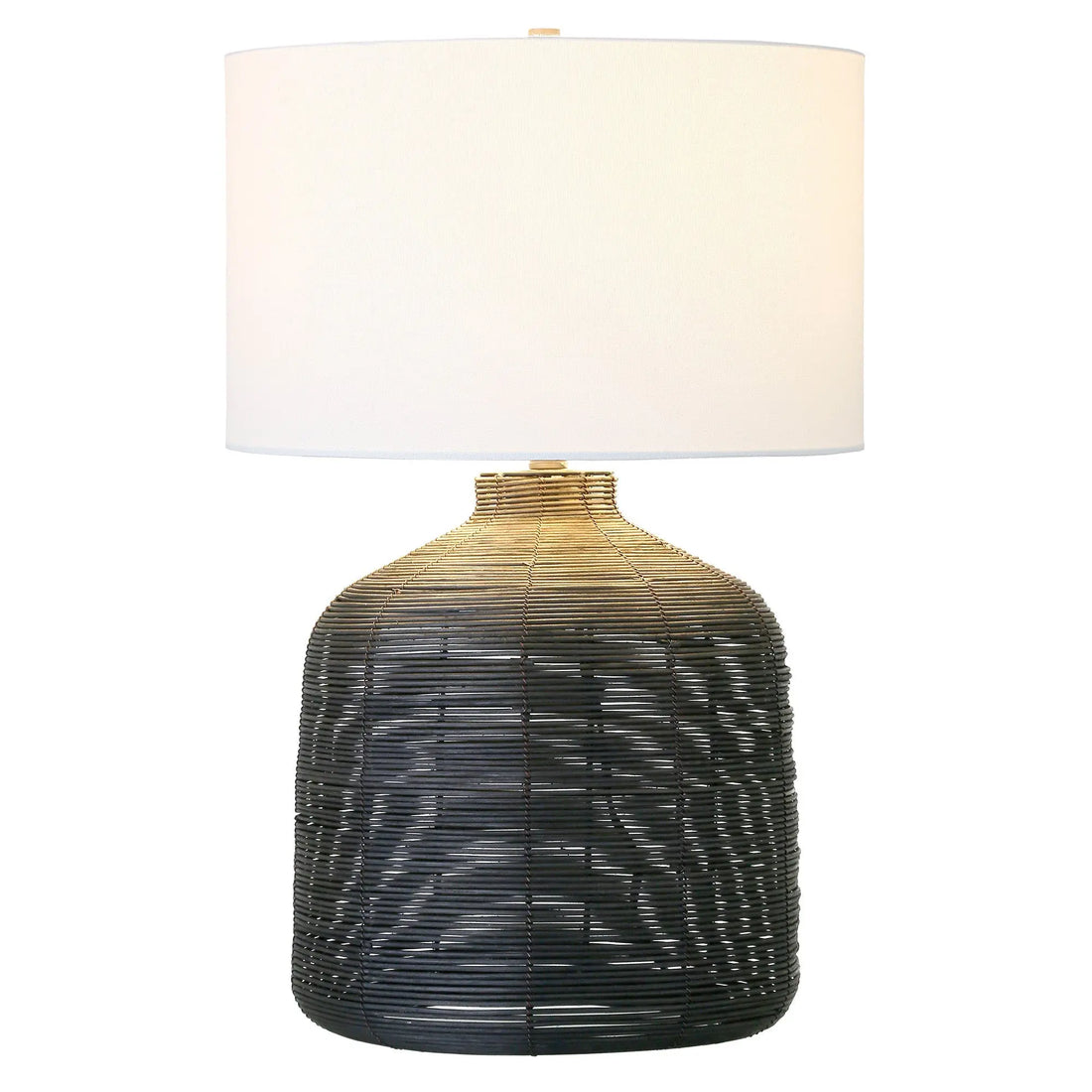 27" Black Rattan Table Lamp With White Drum Shade White Diomedes