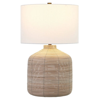 27&quot; Natural Rattan Table Lamp With White Drum Shade White Diomedes