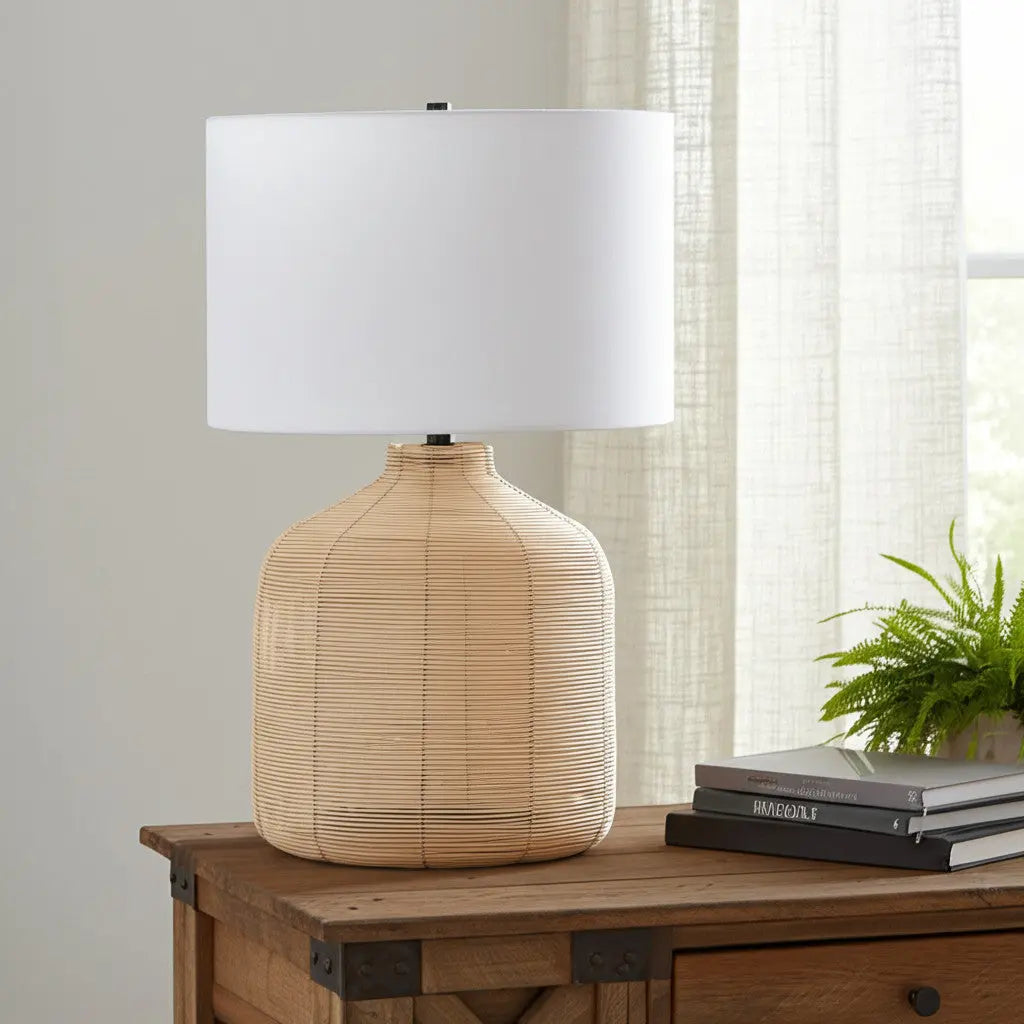 27&quot; Natural Rattan Table Lamp With White Drum Shade White Diomedes