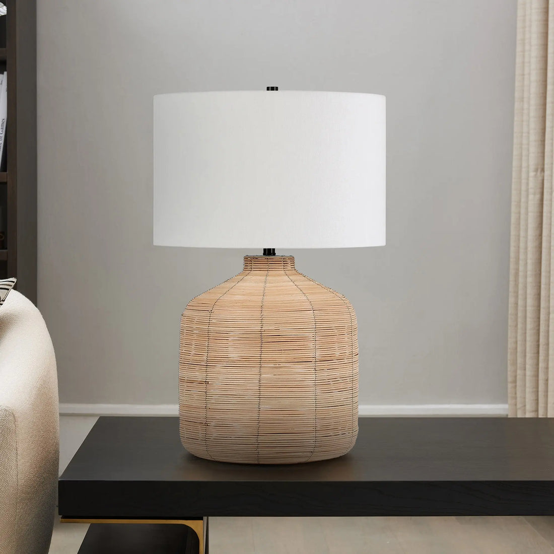 27&quot; Natural Rattan Table Lamp With White Drum Shade White Diomedes