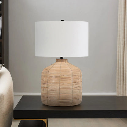 27&quot; Natural Rattan Table Lamp With White Drum Shade White Diomedes