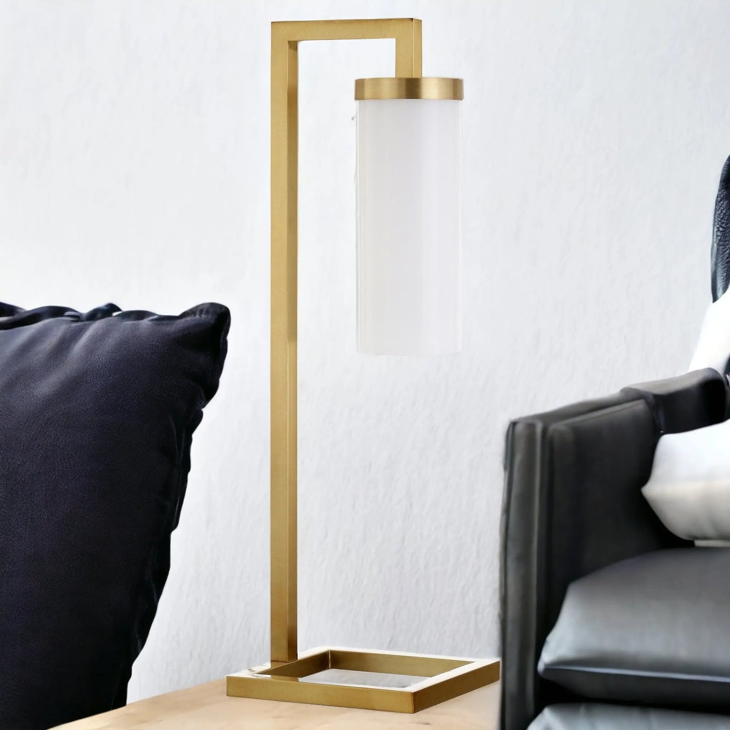 26&quot; Brass Metal Arched Table Lamp With White Cylinder Shade White Diomedes