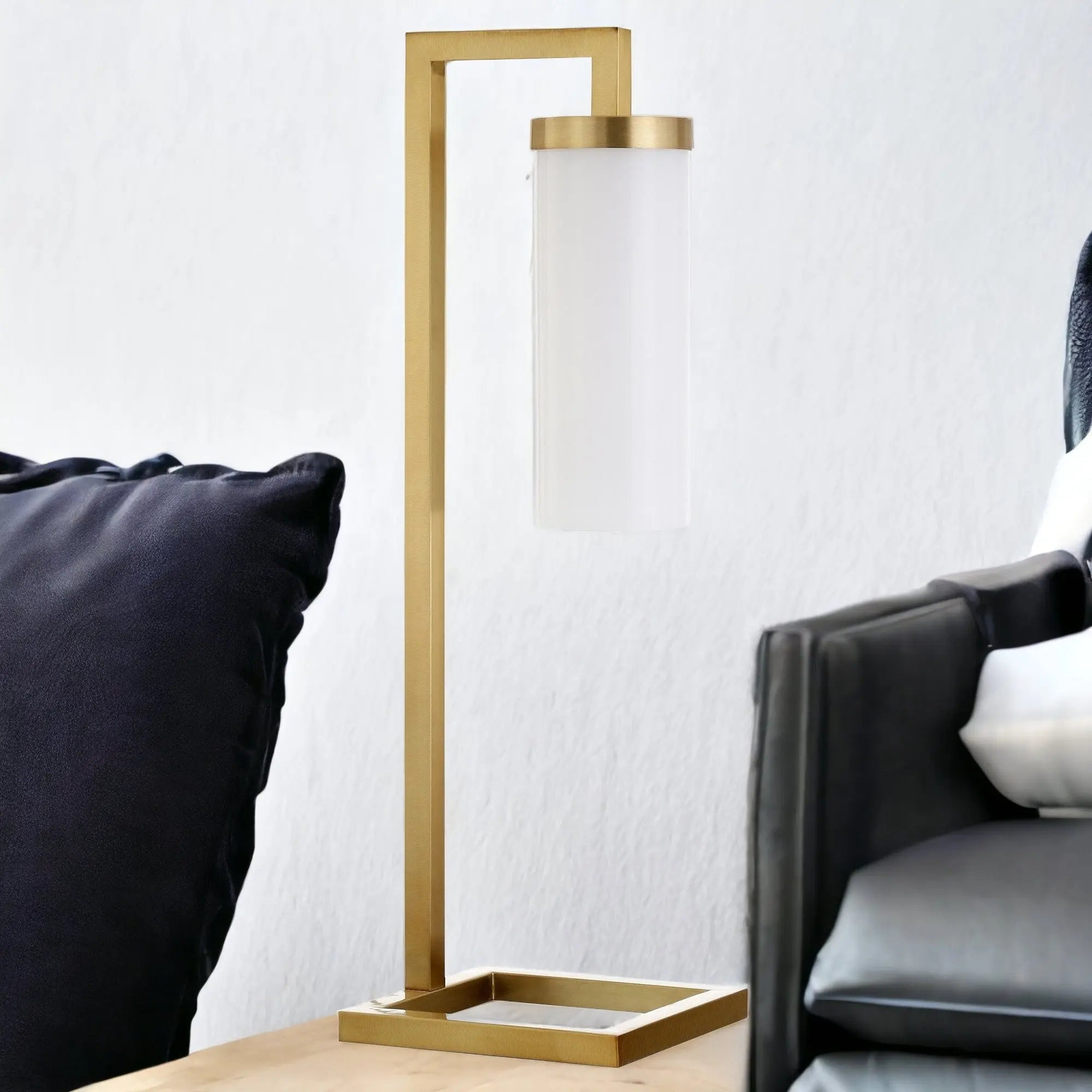 26&quot; Brass Metal Arched Table Lamp With White Cylinder Shade White Diomedes
