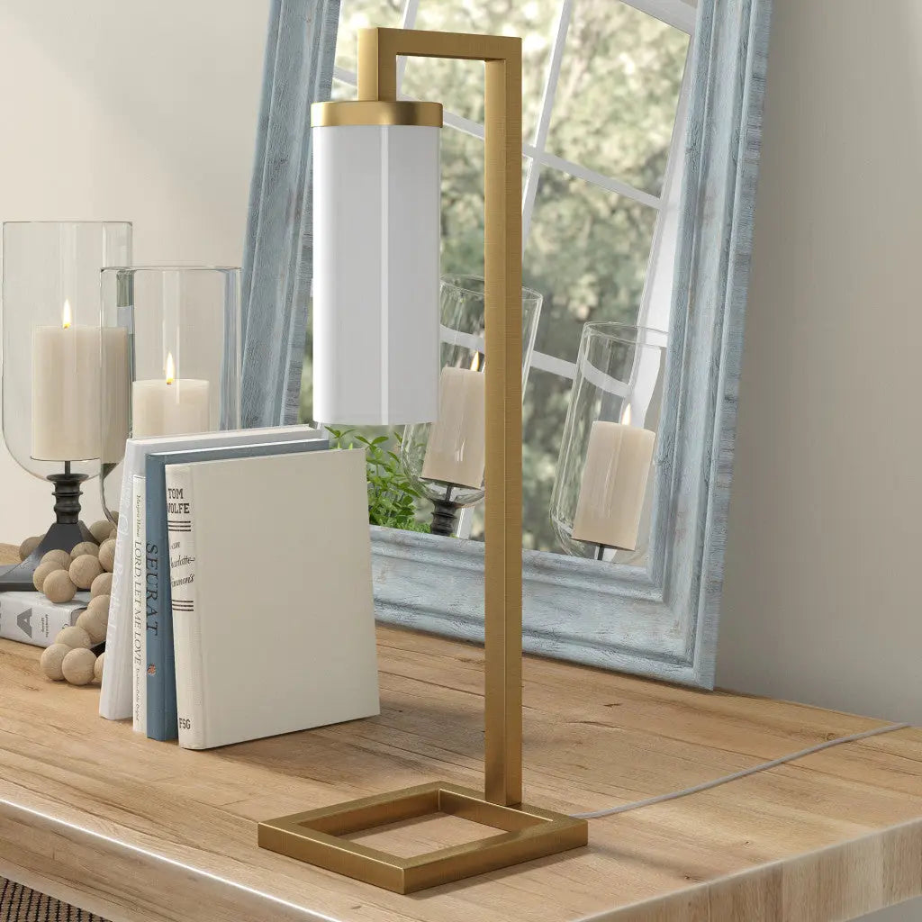 26&quot; Brass Metal Arched Table Lamp With White Cylinder Shade White Diomedes