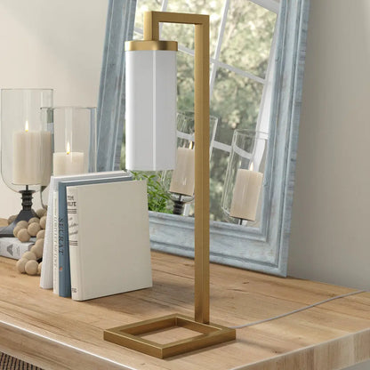 26&quot; Brass Metal Arched Table Lamp With White Cylinder Shade White Diomedes
