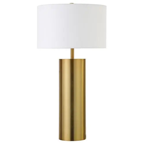 30&quot; Brass Metal Table Lamp With White Drum Shade White Diomedes