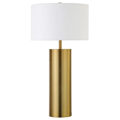 30&quot; Brass Metal Table Lamp With White Drum Shade White Diomedes
