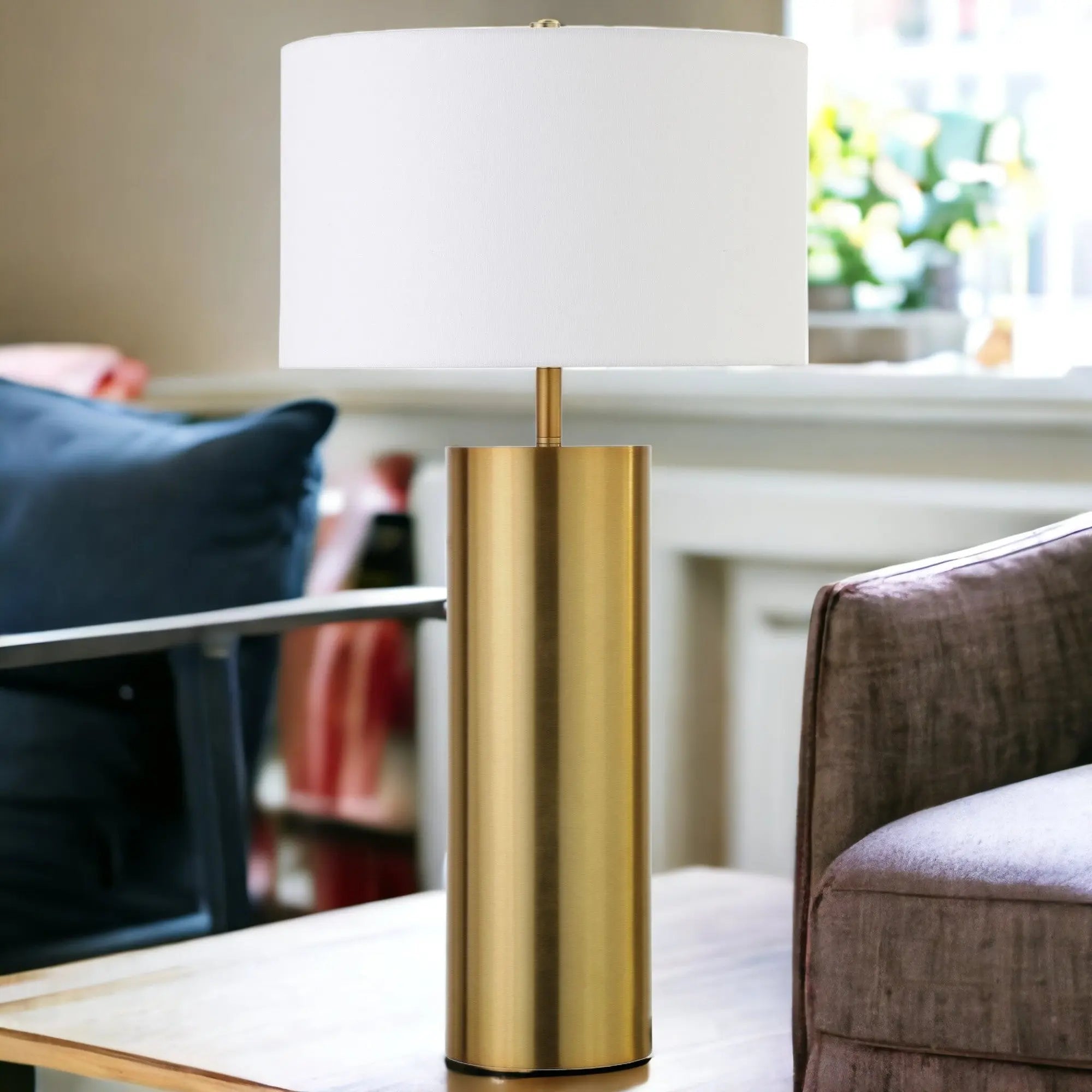 30&quot; Brass Metal Table Lamp With White Drum Shade White Diomedes