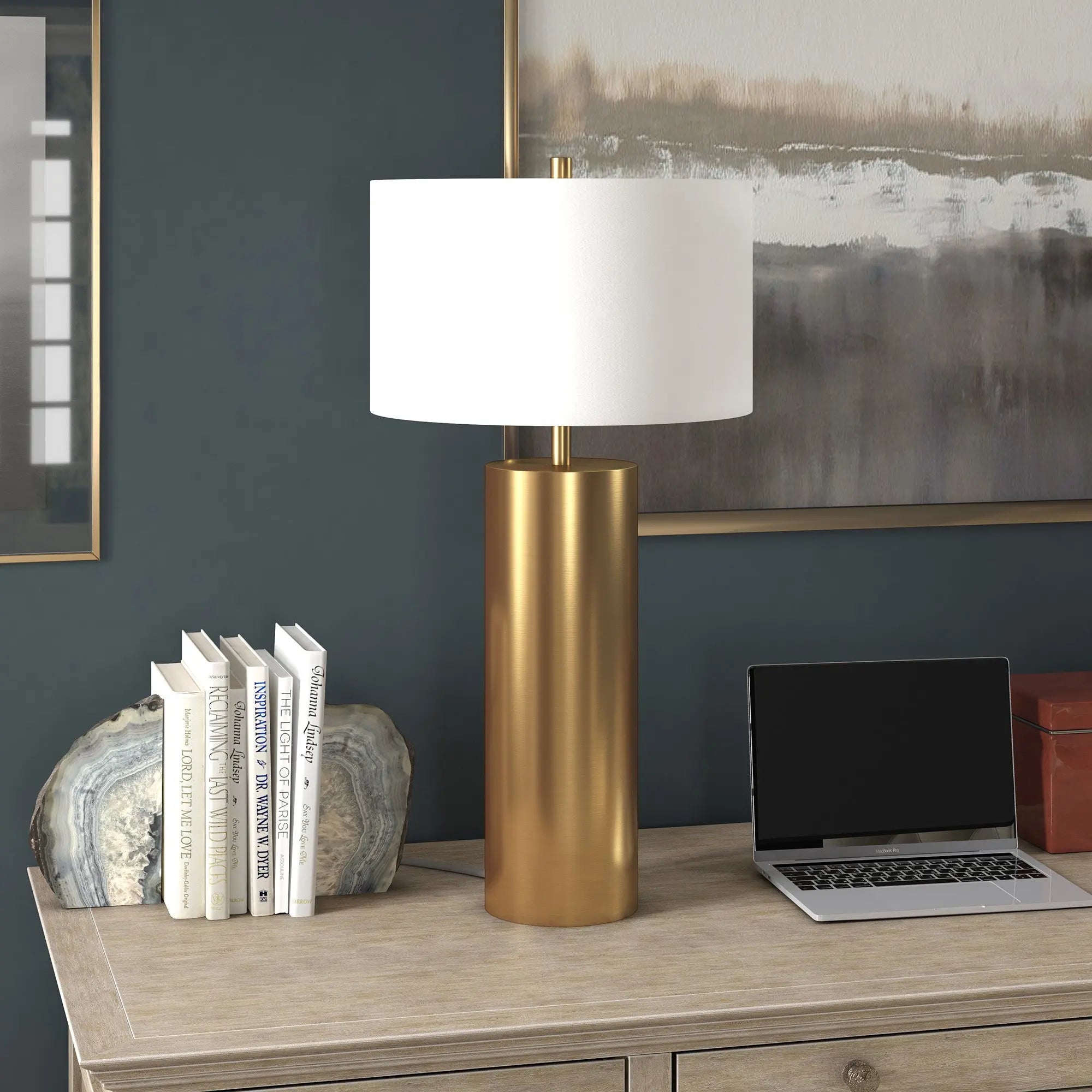 30&quot; Brass Metal Table Lamp With White Drum Shade White Diomedes