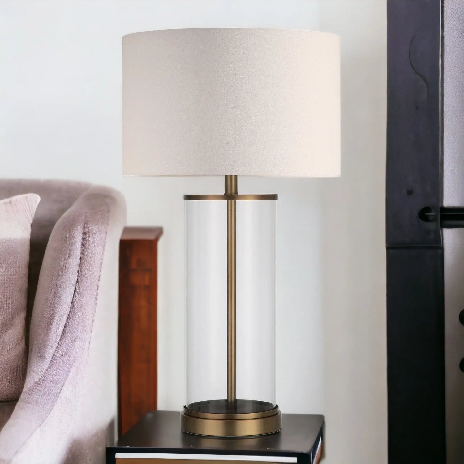 28&quot; Brass Glass Table Lamp With White Drum Shade White Diomedes