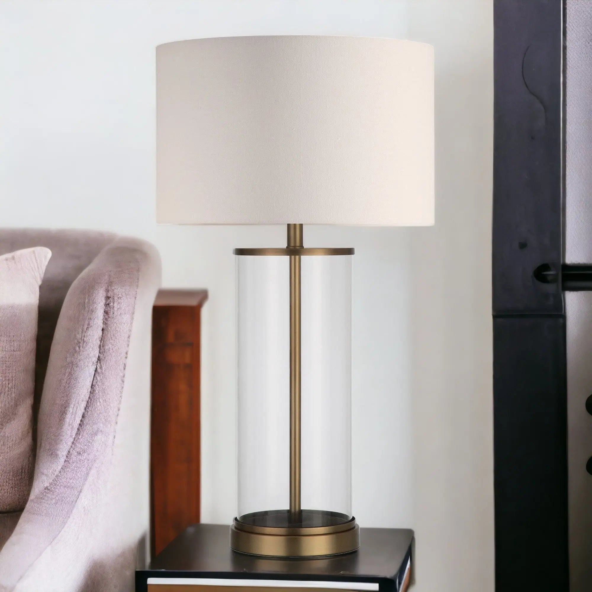28&quot; Brass Glass Table Lamp With White Drum Shade White Diomedes