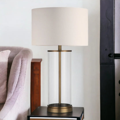 28&quot; Brass Glass Table Lamp With White Drum Shade White Diomedes