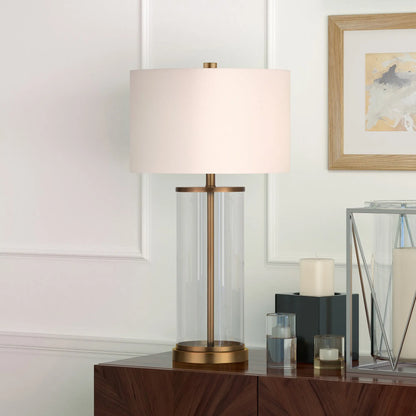 28&quot; Brass Glass Table Lamp With White Drum Shade White Diomedes