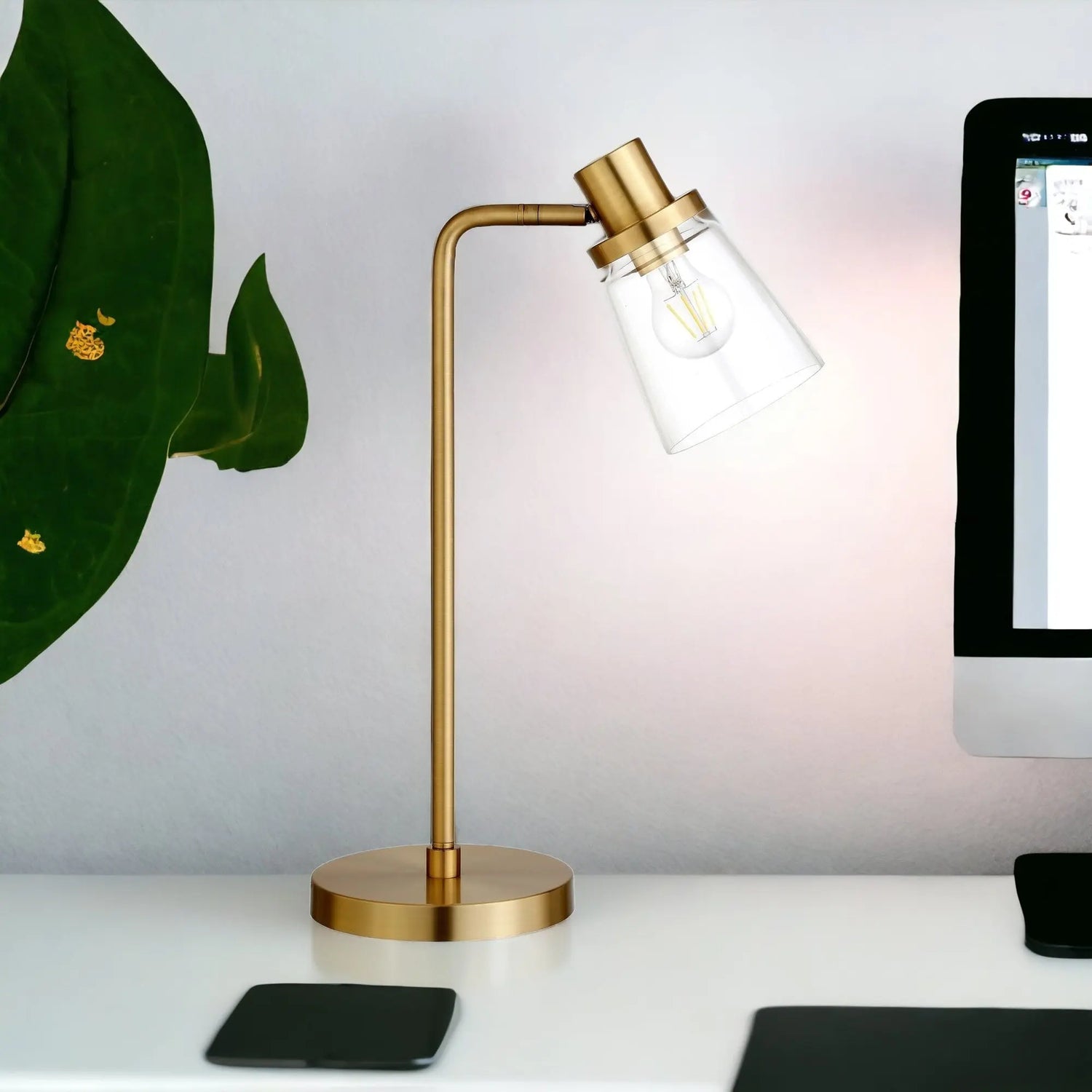 21&quot; Brass Metal Arched Table Lamp With Clear Cone Shade White Diomedes