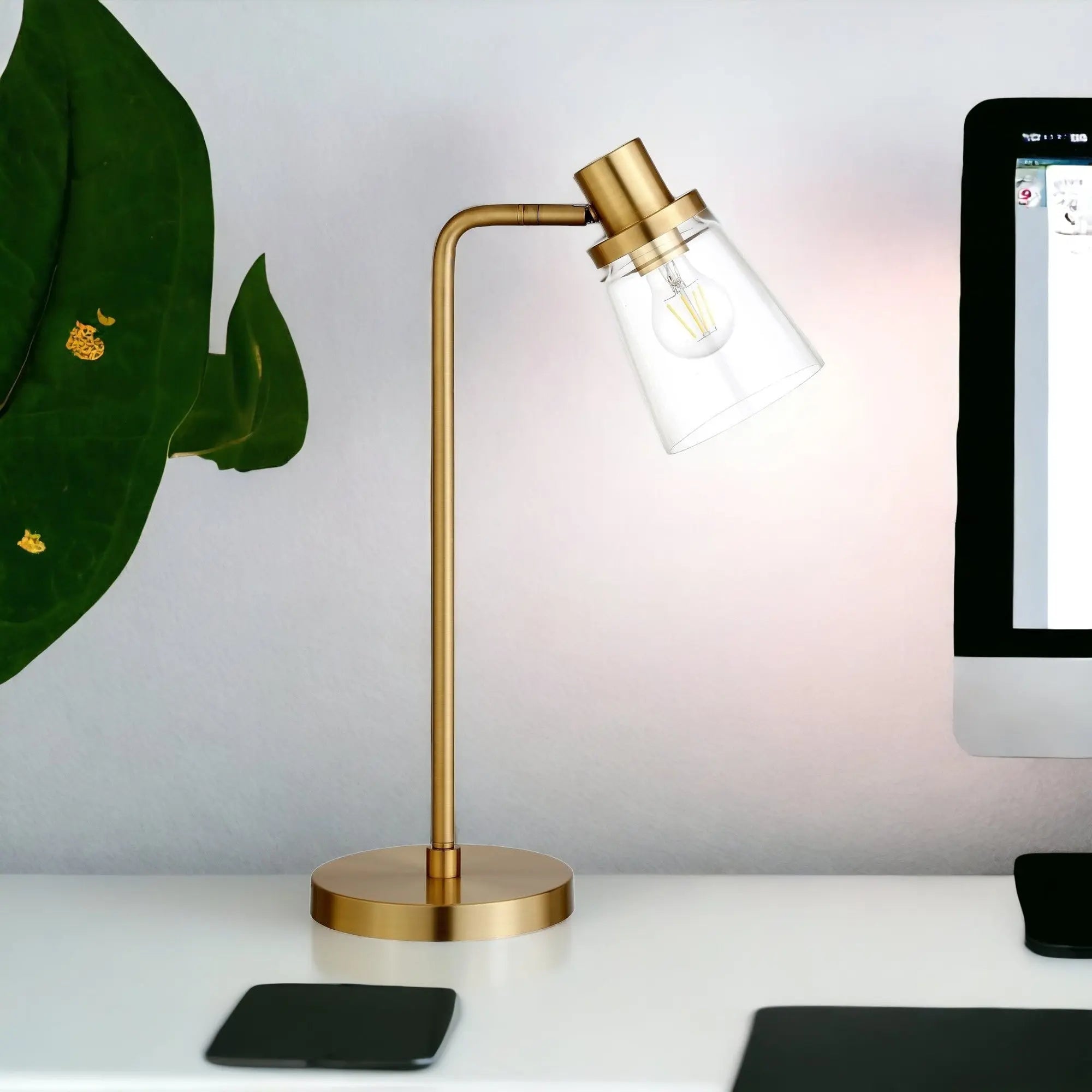 21&quot; Brass Metal Arched Table Lamp With Clear Cone Shade White Diomedes