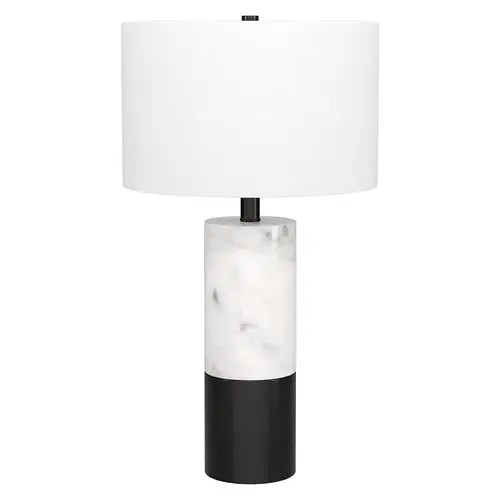 24&quot; Black and White Marble and Metal Cylinder Table Lamp With White White Diomedes