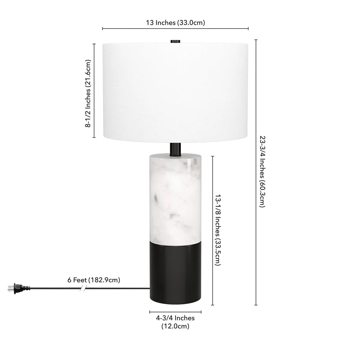 24&quot; Black and White Marble and Metal Cylinder Table Lamp With White White Diomedes