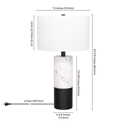 24&quot; Black and White Marble and Metal Cylinder Table Lamp With White White Diomedes