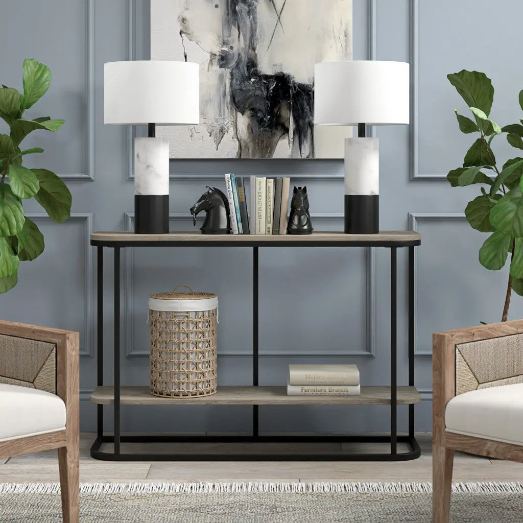 24&quot; Black and White Marble and Metal Cylinder Table Lamp With White White Diomedes