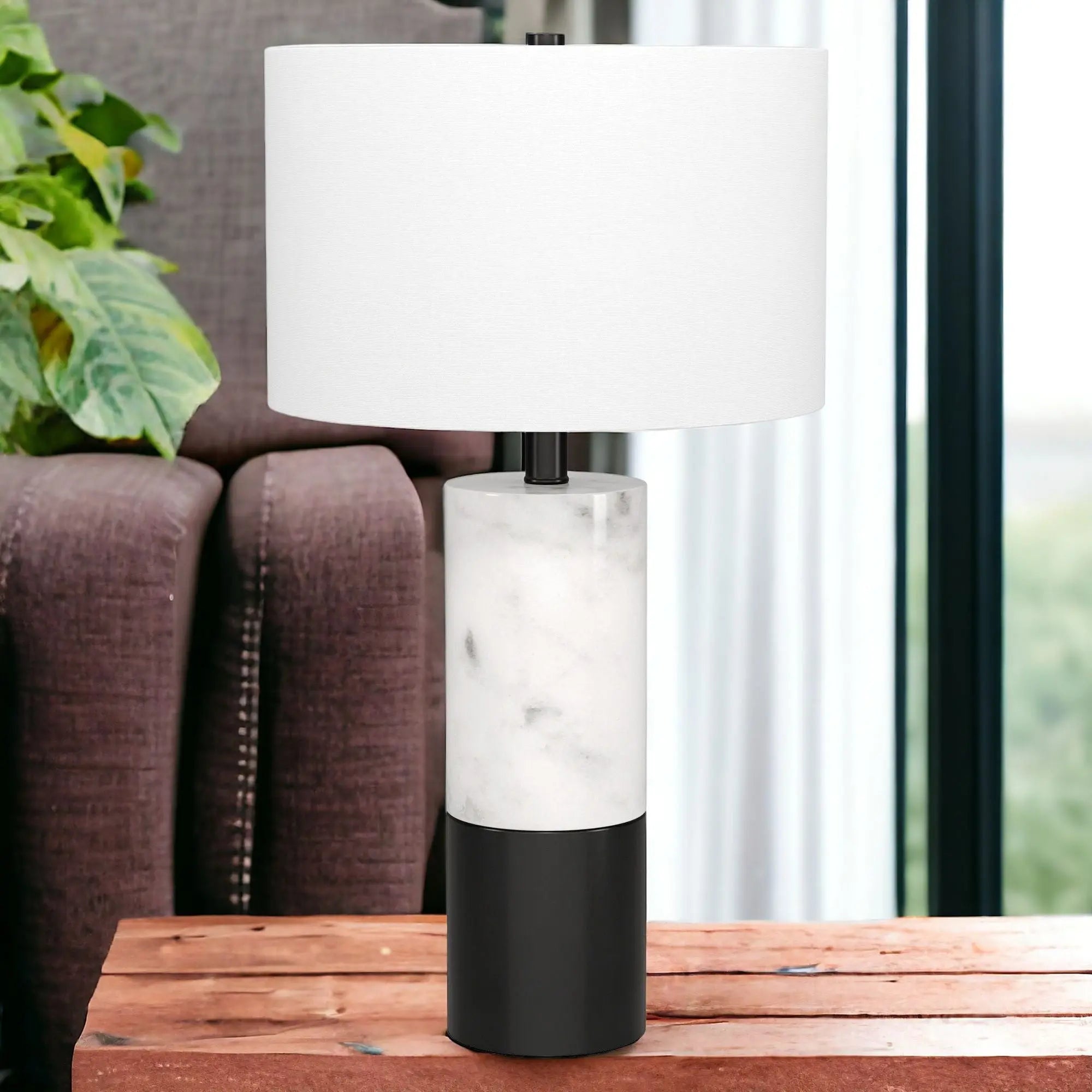24&quot; Black and White Marble and Metal Cylinder Table Lamp With White White Diomedes