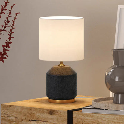 15&quot; Black and Gold Ceramic Cylinder Table Lamp With White Drum Shade White Diomedes