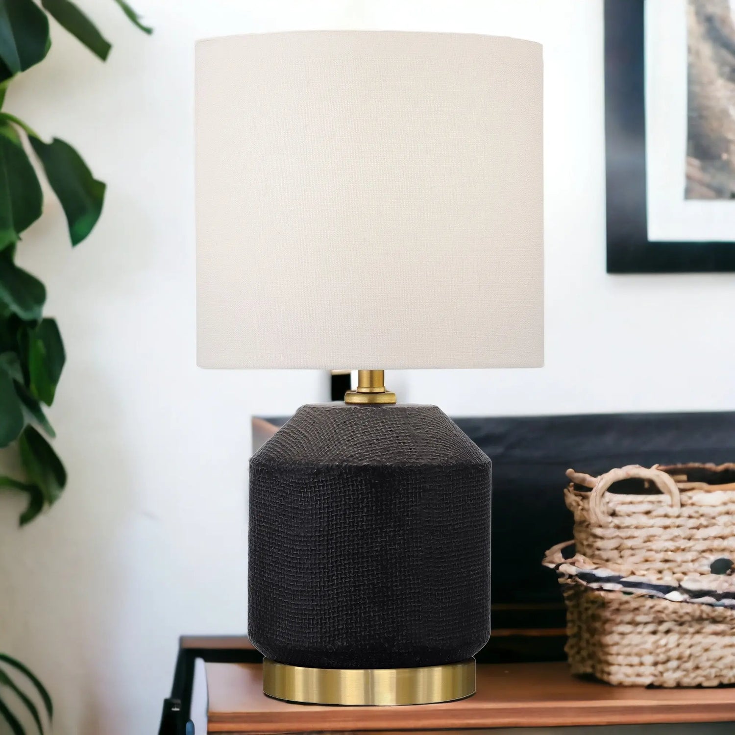15&quot; Black and Gold Ceramic Cylinder Table Lamp With White Drum Shade White Diomedes