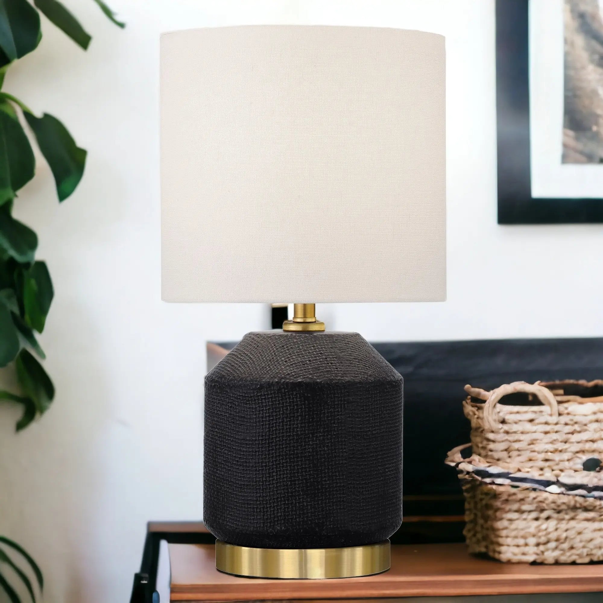 15&quot; Black and Gold Ceramic Cylinder Table Lamp With White Drum Shade White Diomedes