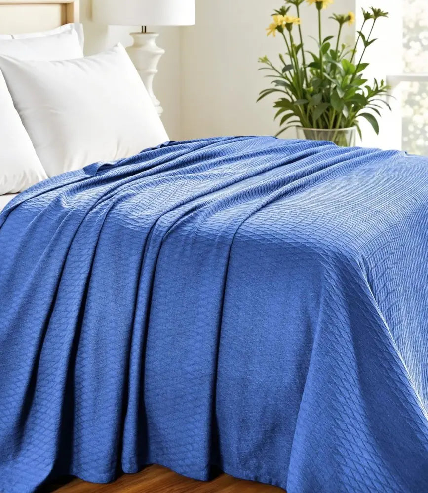 Twin Blue Cotton Woven Geometric Blanket White Diomedes