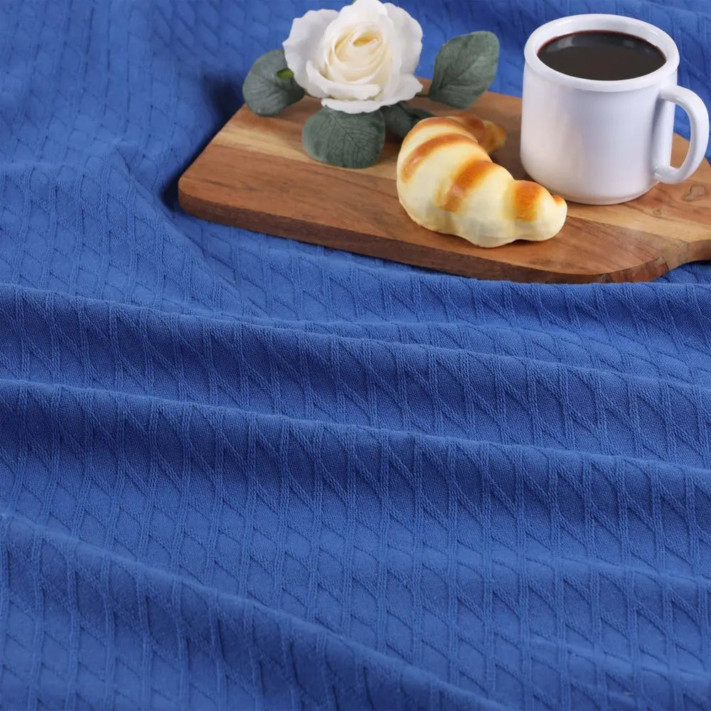 Twin Blue Cotton Woven Geometric Blanket White Diomedes