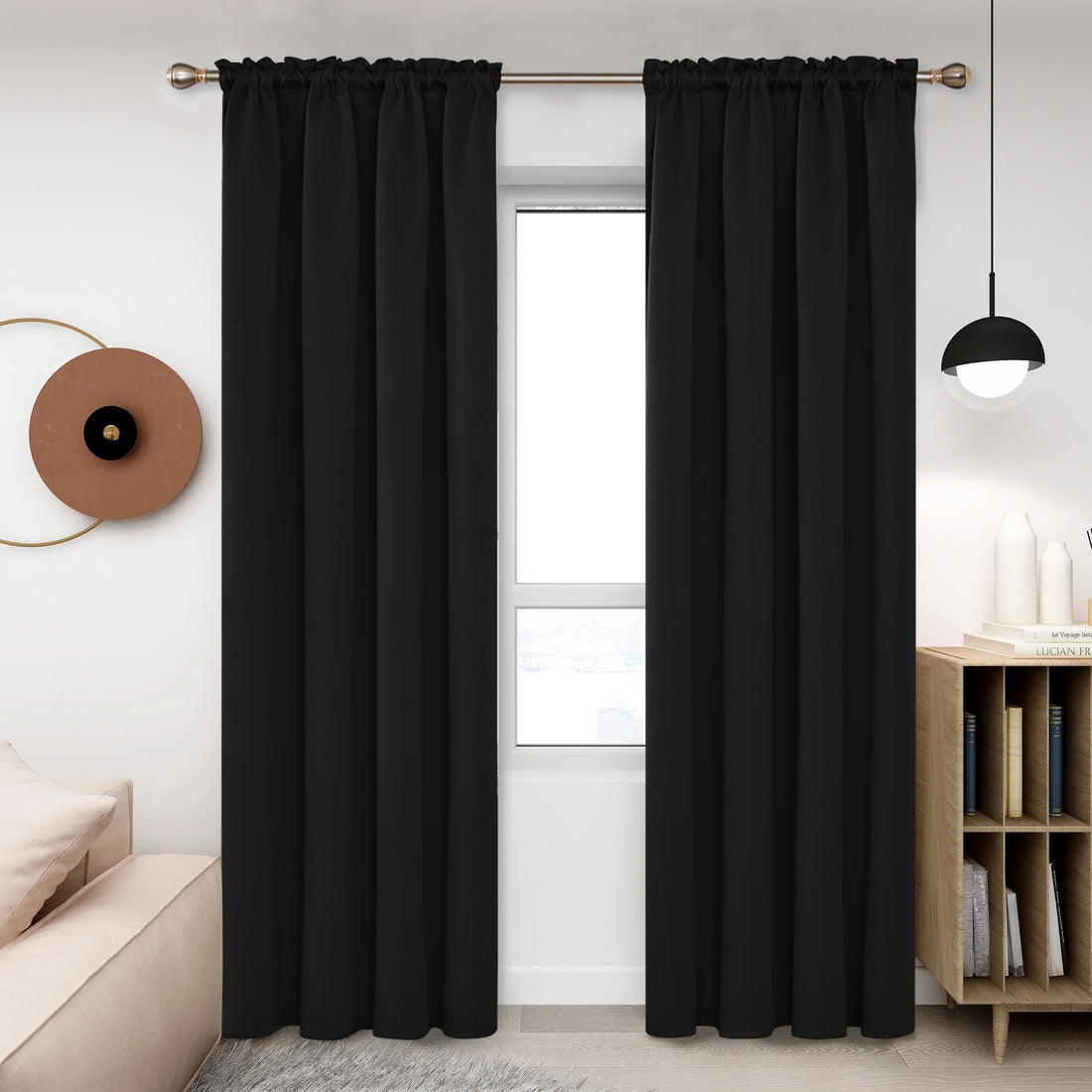 Black Rod Pocket Curtains Thermal Insulated Room Darkening Curtain 108 Inch Blackout Curtains for Patio Sliding Glass Door 52Wx108L Inch Black 2 Panels