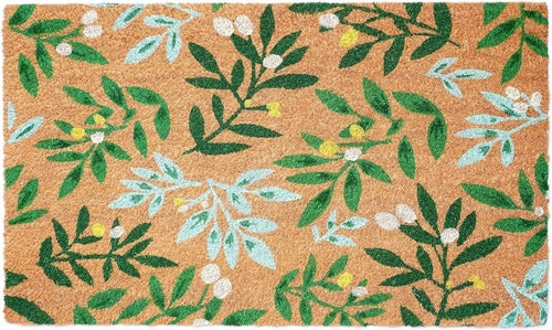 17&quot; X 29&quot; Natural and Green Coir Botanical Leaves Outdoor Door Mat White Diomedes