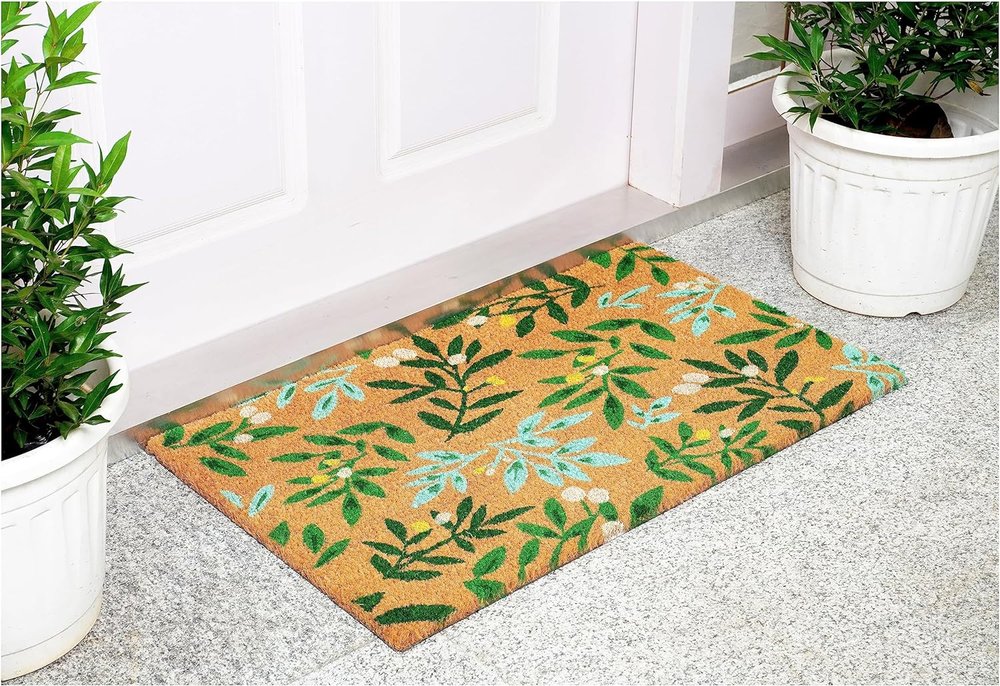 17&quot; X 29&quot; Natural and Green Coir Botanical Leaves Outdoor Door Mat White Diomedes