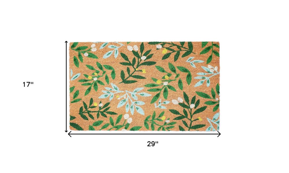 17&quot; X 29&quot; Natural and Green Coir Botanical Leaves Outdoor Door Mat White Diomedes