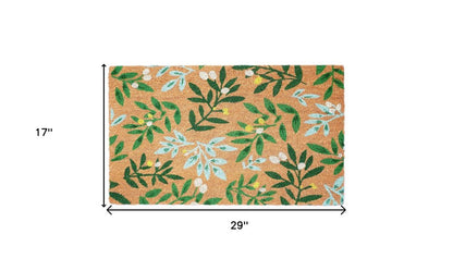 17&quot; X 29&quot; Natural and Green Coir Botanical Leaves Outdoor Door Mat White Diomedes