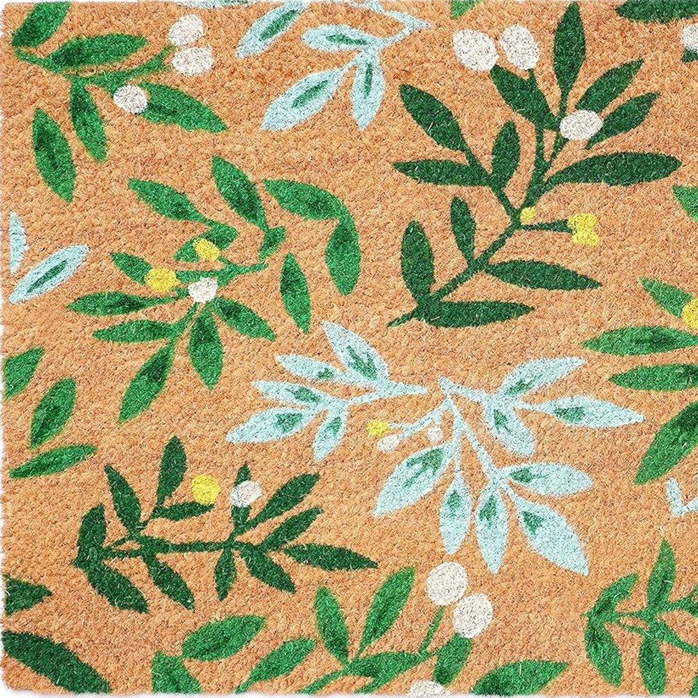 17&quot; X 29&quot; Natural and Green Coir Botanical Leaves Outdoor Door Mat White Diomedes