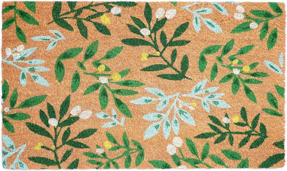 17&quot; X 29&quot; Natural and Green Coir Botanical Leaves Outdoor Door Mat White Diomedes