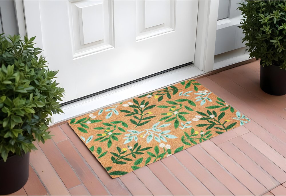 17&quot; X 29&quot; Natural and Green Coir Botanical Leaves Outdoor Door Mat White Diomedes