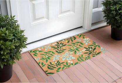 17&quot; X 29&quot; Natural and Green Coir Botanical Leaves Outdoor Door Mat White Diomedes