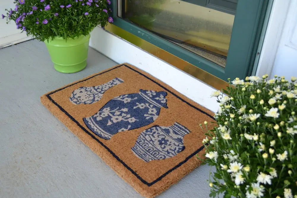 20" X 30" Brown Blue And White Chinoiserie Coir Abstract Outdoor Door White Diomedes