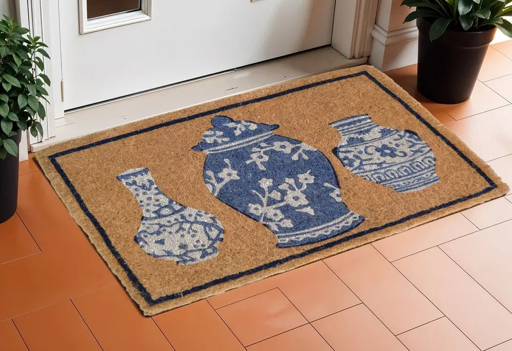 20&quot; X 30&quot; Brown Blue And White Chinoiserie Coir Abstract Outdoor Door White Diomedes