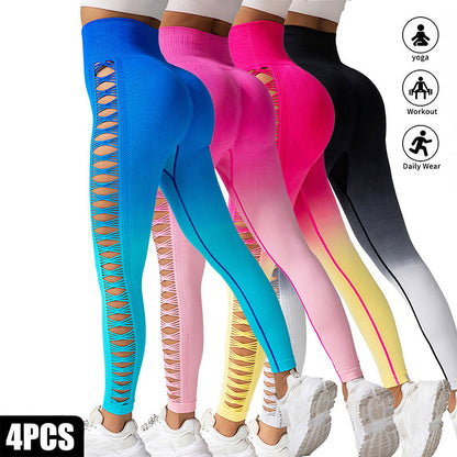 4 Pack Cut Out Ombre Gradient Color Hollow High-waist Butt-lifting Fitness Women&