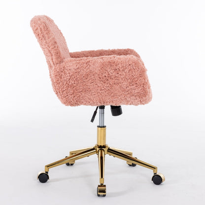 LuneluX_Home – Faux Fur Office Chair with Golden Base (Pink) Carmine Juneberry