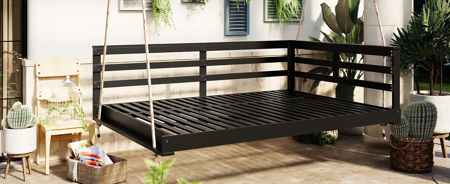 Acacia Wood Porch Swing Bed for Outdoor with Hemp Ropes - Full Size Sangria Beech