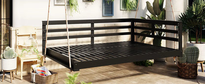 Acacia Wood Porch Swing Bed for Outdoor with Hemp Ropes - Full Size Sangria Beech