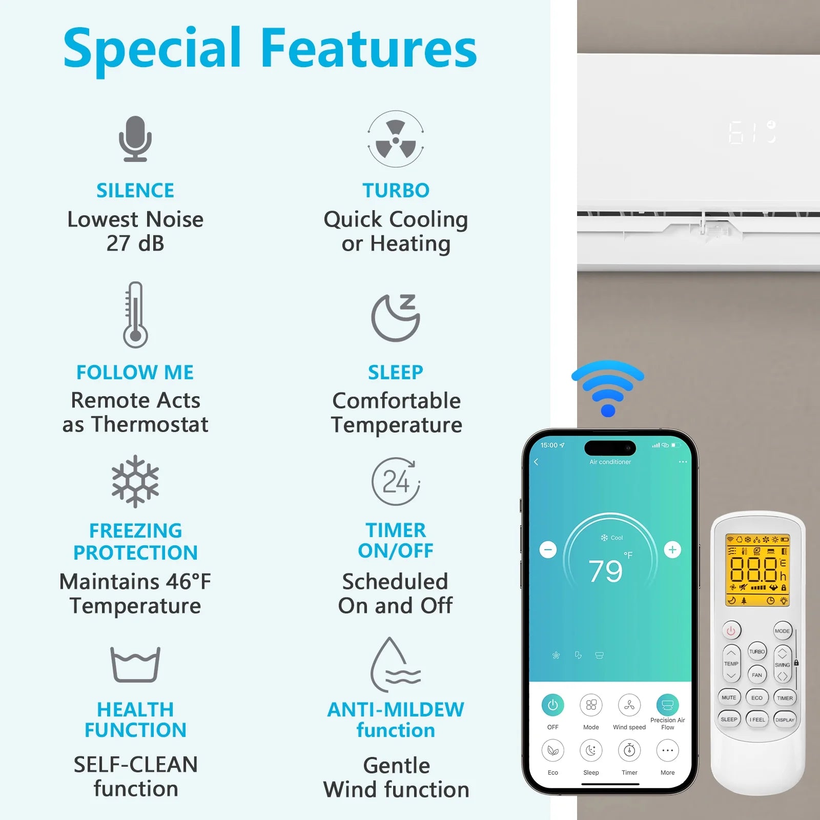 12000BTU Wifi Enabled 21SEER2 115V Smart Split Type Inverter Air Conditioners with Heating Function