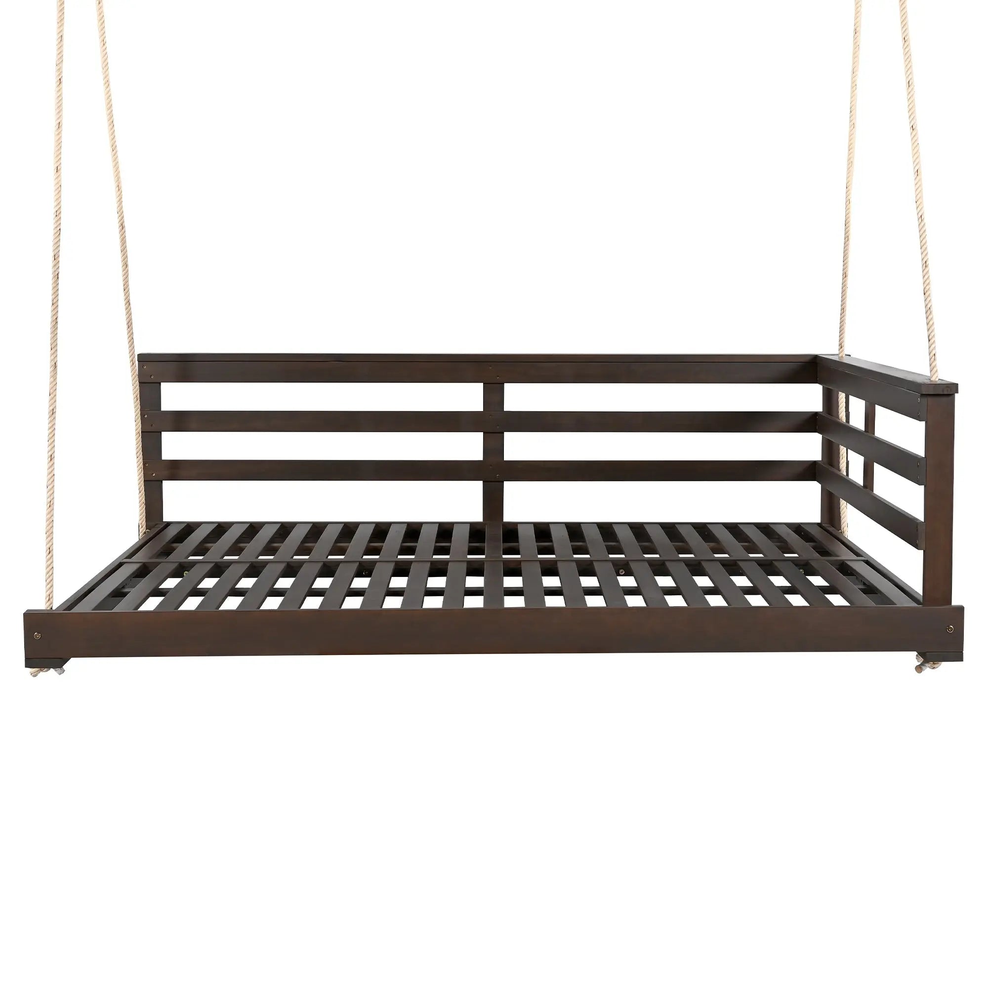 Acacia Wood Porch Swing Bed for Outdoor with Hemp Ropes - Full Size Sangria Beech