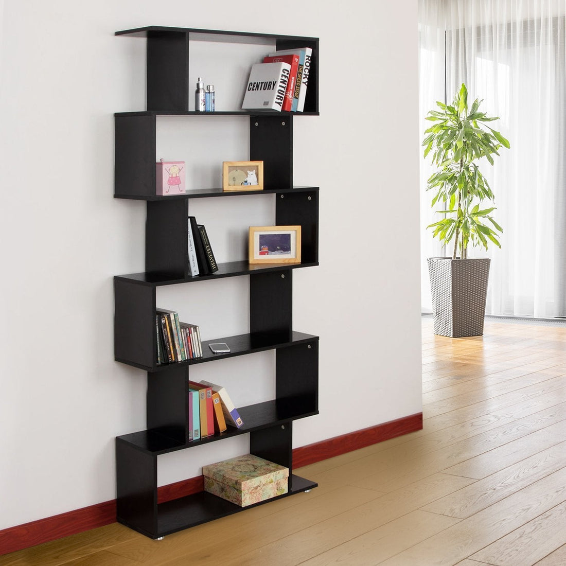 HOMCOM Wooden S Shape Bookcase 6 Shelves Storage Display Home Office Taupe Shadow