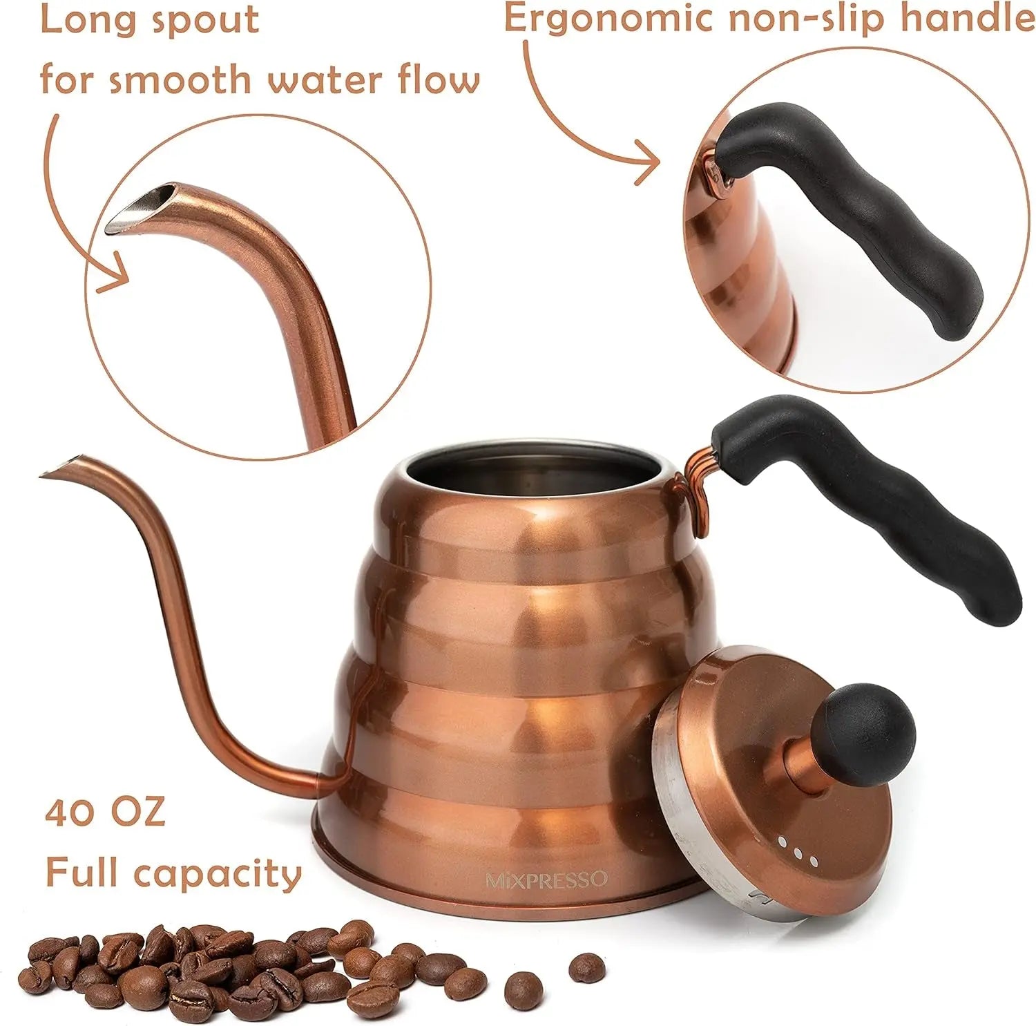 Gooseneck Pour over Coffee Kettle, Barista Pour Control Design for Coffee &amp; Tea High-Grade Stainless Steel 1.2 Liter (40 Oz) Drip Coffee Induction Cooker, Copper Stovetop Kettle