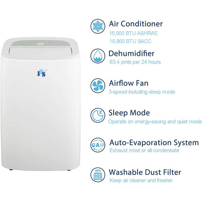 10,800 BTU (15,000 BTU ASHRAE) 115V Portable Air Conditioner with Remote, Rooms up to 550 Sq Ft, A020A-10KR